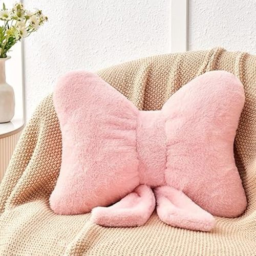 Pink Bow Pillow,16'' Bow Decorative Pillows with Faux Rabbit Fur,Soft Bow Throw Pillows Aesthetic Bow Shaped Pillow for Bed Sofa Couch Home Decor