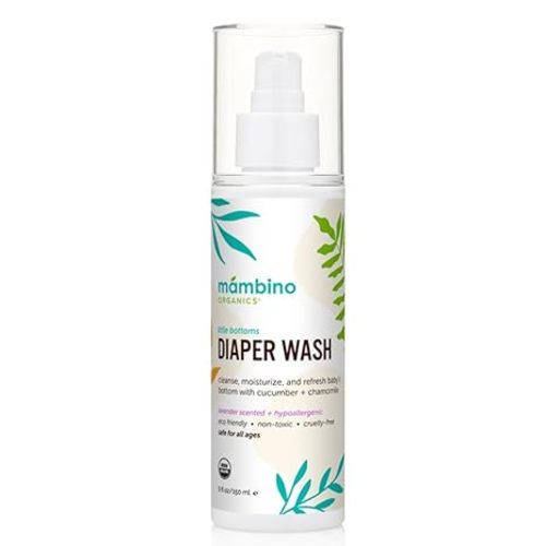 Organic Diaper Area Wash - Cruelty-Free Baby Spray for Sensitive Skin, Hypoallergenic Diaper Rash Spray, Gentle No Rinse Cleansing Water for Cloth Wipes - 5floz by Mambino Organics