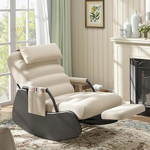 Polar Aurora Nursery Rocking Chairs with Soft Seat and Headrest,Corduroy Fabric Accent Chair with Side Pocket,Glider Rocking Chair for Bedroom/Living Room/Nursery. (Beige/Black)