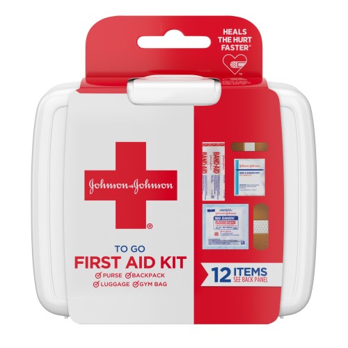 Johnson & Johnson Mini First Aid Kit, Portable Travel Emergency Set, 12 Pieces