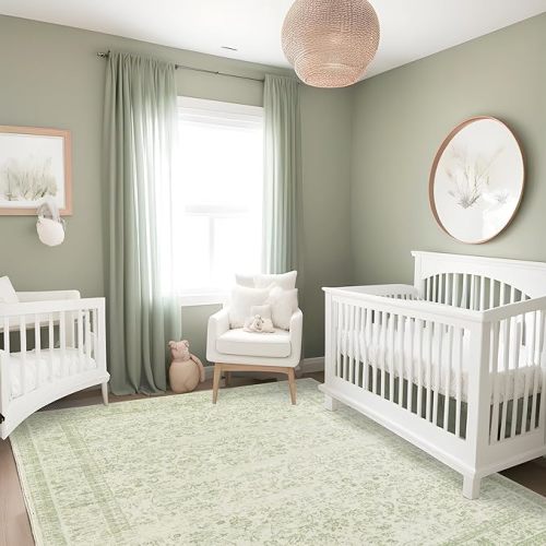 Nursery Rug for Baby Girl Boy,Washable Floral Print Sage Green Boho Area Rugs 6x9,Light Green - 6'x9'