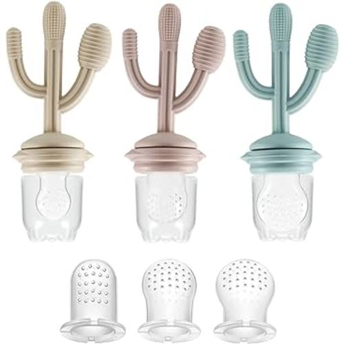 PandaEar Baby Fruit Food Feeder Pacifier, 3 Pack Silicone Feeder Cactus Shape Teething Toy Teether 3 Sizes Silicone Pouches for Babies Toddlers Infants Kids, BPA-Free Food Grade Soft Safe (Pink)