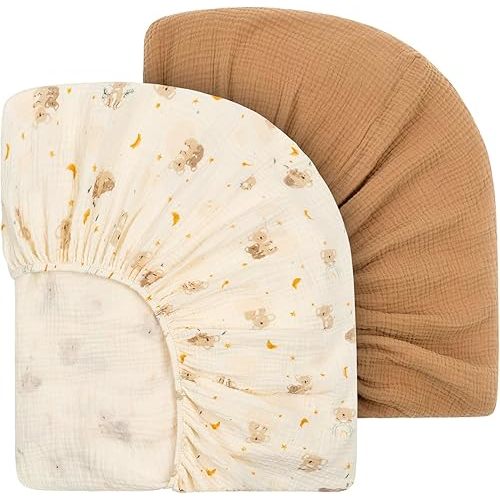 Muslin Crib Sheets for Boys Girls 100% Cotton Neutral Boho Baby Sheet 2 Pack Fitted for 52" x 28" Standard Crib & Toddler Mattress Soft Breathable Brown