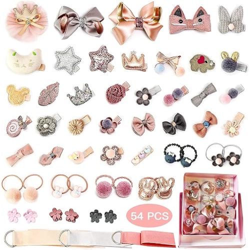 ZOCONE Baby Hair Clips and Hair Ties, 54pcs Cute Bow Hairpins Elastic Hair Bands Holders, Hair Accessories for Baby Girls Toddlers (Pink Grey Orange)