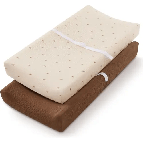 Blissful Diary Muslin Changing Pad Cover for Girls Boys, Ultra Soft Breathable Cotton, Baby Diaper Change Table Pad Covers, 2Pack (Sunshine & Brown)