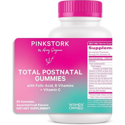 Pink Stork Total Postnatal Vitamin Gummies - Multivitamin for Postpartum Recovery and Lactation Support - Folic Acid, B6, & Vitamin C - Breastfeeding Essentials - 60 Gummy Vitamins