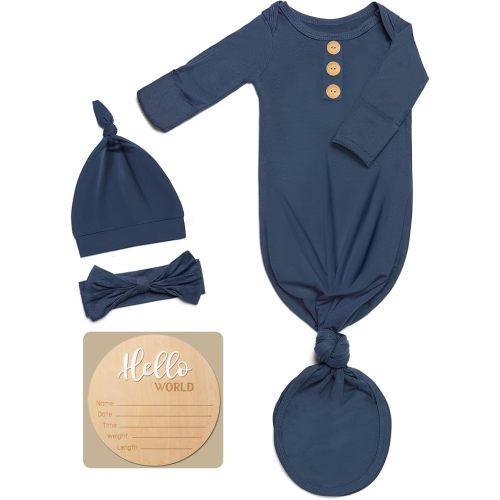 Soft Baby Knot Gown 0-3 Months, Newborn Announcement Sleepers With Mitten Cuffs and Personalized Wooden Name Tag