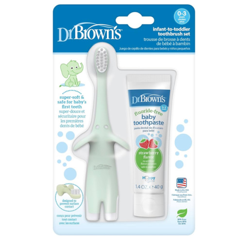 Dr. Brown’s Infant-to-Toddler Training Toothbrush Set, Mint Elephant with Fluoride-Free Strawberry Baby Toothpaste, 0-3 years