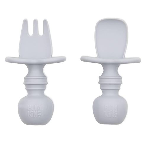 Bumkins Baby Utensils Set, Chewtensils Silicone Spoons for Dipping, Self-Feeding, Baby Led Weaning, Trainer Learning, First Stage Eating, Soft Practice Fork and Spoon, Babies 6 Months, Gray