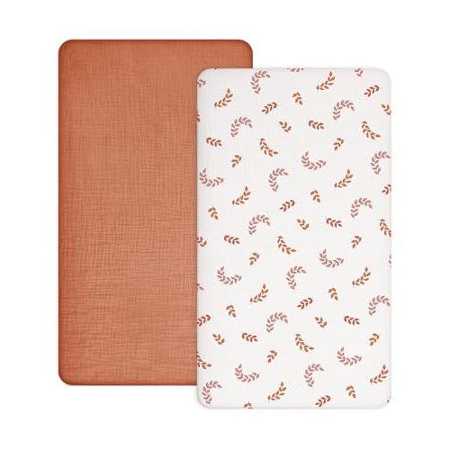 Crib Sheets for Baby Boy Girl 2 Pack, Fitted Crib Mattress Sheet 28" x 52", Muslin Toddler Bedding with Neutral Style, Nursery Bedding Essentials (Brick & Leaf)