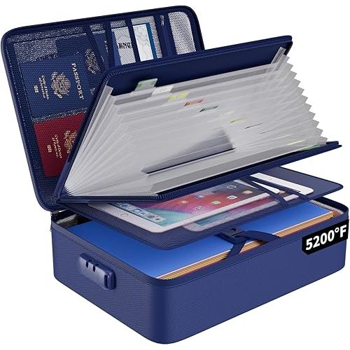 ENGPOW 5200℉ Fireproof File Organizer Bag with 13 Pocket Accordion File Folder,Document Organizer Box with Lock&Labels,Multi-Layer Portable Home Travel Safe Storage Box for Important Documents,Blue
