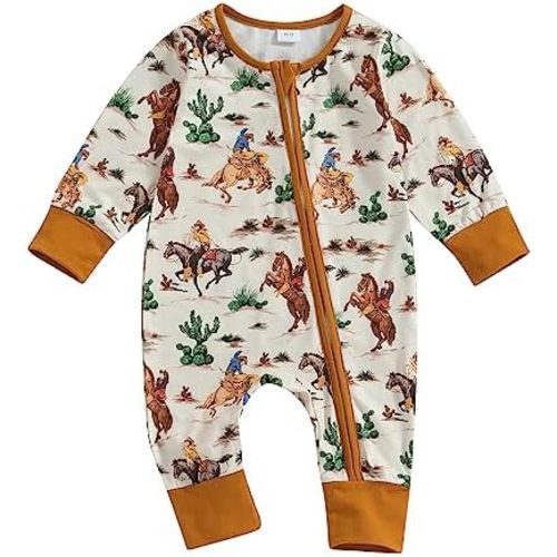 SAYOO Western Baby Cowboy Clothes Neutral Zipped Fall Romper Outfit for Boy Girl Infant Lapel Cow Print One-piece Jumpsuit