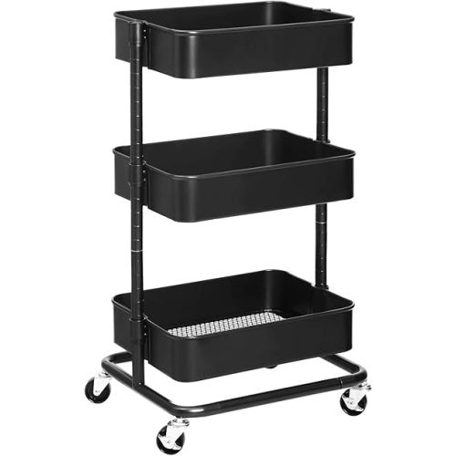 SONGMICS 3-Tier Metal Rolling Cart, Utility Cart, Kitchen Cart with Adjustable Shelves, Storage Trolley with 2 Brakes, Easy Assembly, for Kitchen, Office, Bathroom, Black UBSC60B