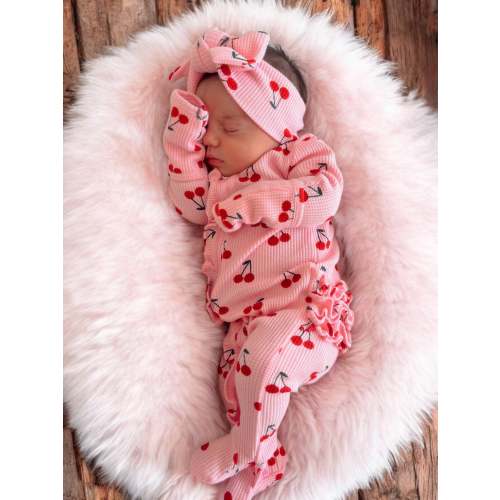Organic Waffle Ruffle Zip Footie, Pink Cherries