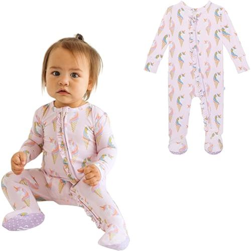 Posh Peanut Footie Pajamas for Baby Girls – Sleepers in Viscose from Bamboo with 2-Way Zipper & Ruffle Trim