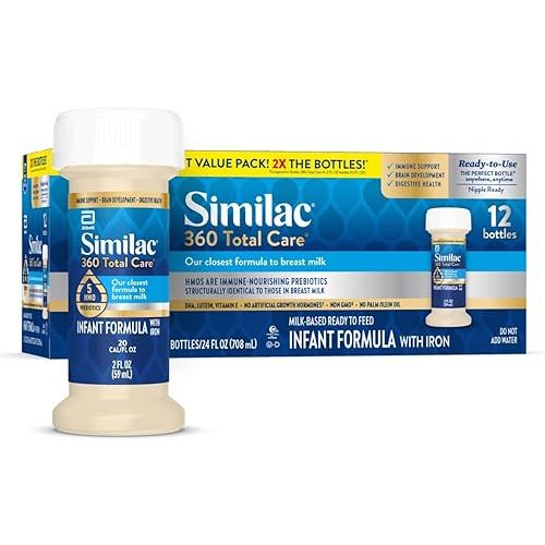 Similac 360 Total Care Infant Formula, Has 5 HMO Prebiotics, Our Closest Prebiotic Blend to Breast Milk, Non-GMO, Baby Formula, Ready to Feed, 2-fl-oz Bottle, Pack of 12