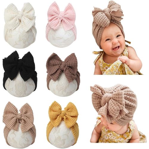 Baby Girls Hair Bow Turban Hat 6PCS Set, Top Bowknot Head Wrap Beanie India Caps for Infant Toddlers