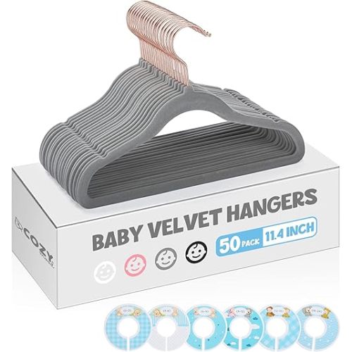 Cozymood Velvet Baby Hangers 50 Pack with Size Dividers, Non-Slip 11 Inch Space Saving Toddler Hangers, Grey