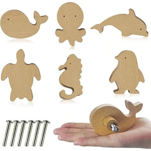 6 Pcs Wooden Animal Cabinet Knobs with Screws Decorative Wardrobe Knobs Natural Wood Cute Animal Furniture Suitable for Nursery Drawer Handles Decor Cabinets Furniture (Ocean)