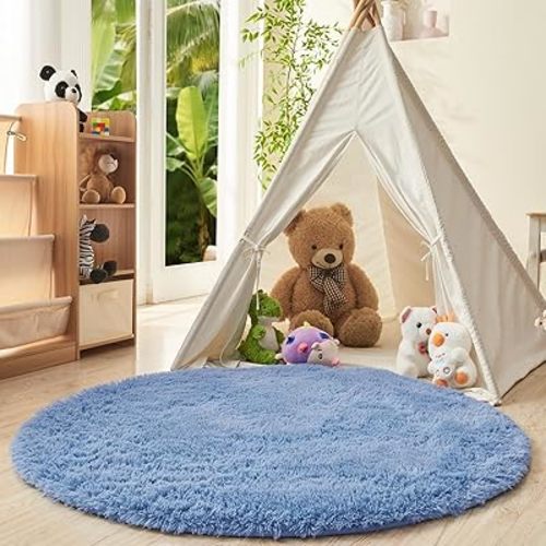 OPPODREAM 4ft Blue Circle Rug for Bedroom, Ultra-Soft Round Rugs 4-ft for Living Room, Fluffy Carpet for Nursery, Kids, Girl, Boy, Baby, Plush, Fuzzy, Shag, Shaggy, Cute Home Decor
