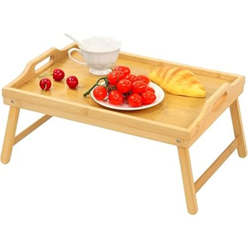 Bamboo Bed Tray Table, Folding Legs and Handles, Breakfast Tray, Laptop Desk for Bed or Sofa, Serving Tray for Eating, Working, Reading,Picnic