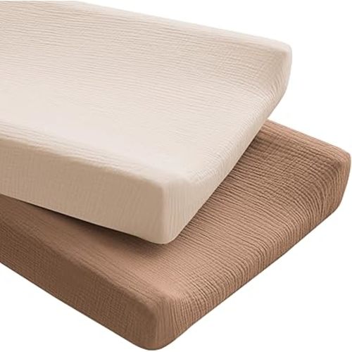 Konssy 2 Pack Muslin Changing Pad Covers for Boys, Ultra Soft & Breathable Cotton Baby Diaper Changing Table Covers, Neutral Nursery Diaper Changing Pad Sheets (Brown,Cream)