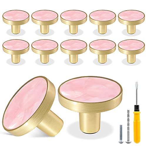 Cionyce 12 Pack Gold Knobs for Dresser Drawers, Brass Dresser Knobs Round Cabinet Knob for Kitchen Cabinet Cupboard Door Decorative Furniture Hardware, 1-1/4" Diameter, Pink