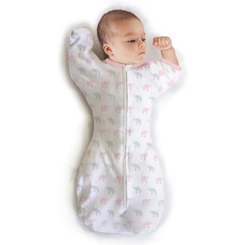 Amazing Baby Transitional Swaddle Sack, Arms Up Half-Length Sleeves & Mitten Cuffs, Swaddle for Newborn Transition to Baby Sleep Sack Wearable Blanket, Small, 0-3 month, 6-14 lb, Pink Tiny Elephants