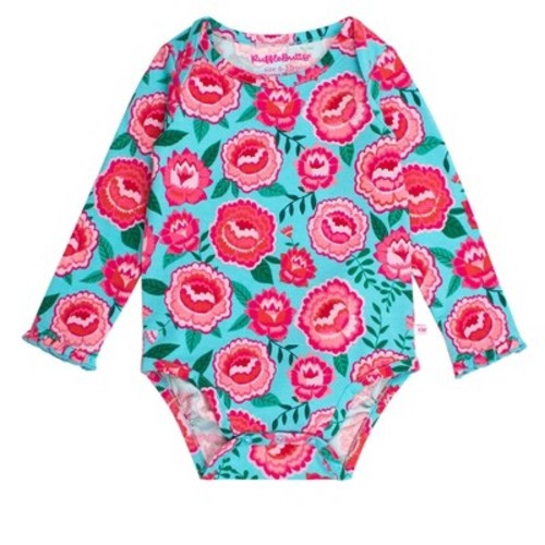 RuffleButts Baby Girls Knit Long Sleeve Ruffle Layering Bodysuit - Bright Blossoms, 3-6m