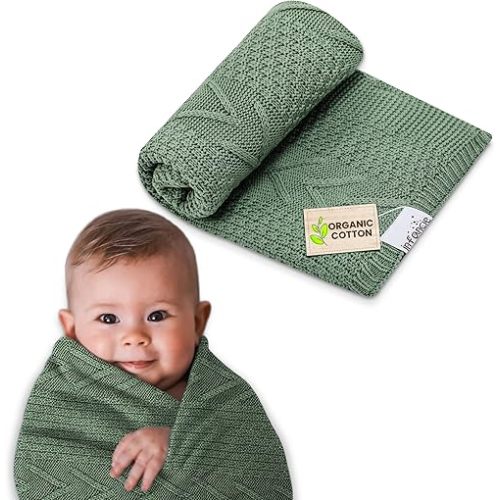 Organic Cotton Baby Blanket - 31.5 x 43.3 Inches, Soft Knitted Crib Blanket for Boys & Girls, Breathable Design (Green)