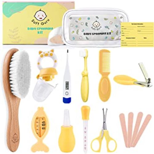 Baby Healthcare and Grooming Kit | Nursery Essentials for Newborns Gift Set | Includes Thermometer, Nail Clippers, Soft Brush & Baby Shower Basket Registry Items.