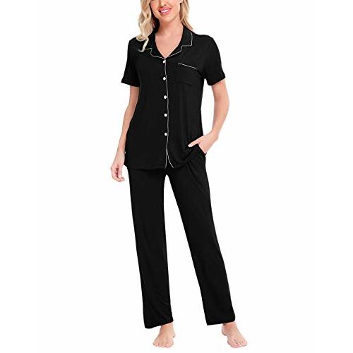 SWOMOG Women Pajama Sets Two-Piece Nightwear Short Sleeve Sleepwear Button Down Pj Lounge Sets with Long Pants
