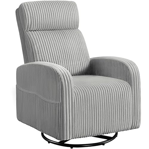 Yaheetech 360° Swivel Glider Chair for Nursery, Rocking Chair Nursing Chair with Side Pockets, Corduroy Glider for Living Room with High Back Light Gray