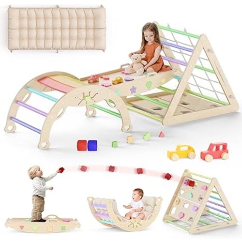 13 in 1 Pikler Triangle Set with Cushion Montessori Climbing Toys for Toddlers Inside Toddler Climbing Toys Indoor Wooden Climbing gym Pikler Set with Bean Bags, Maze, Shape Sorter, Car Toys