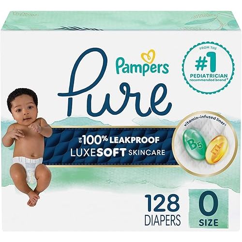 Pampers Pure Protection Diapers Newborn - Size 0, 128 Count, Hypoallergenic Premium Disposable Baby Diapers