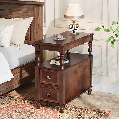 Tribesigns Solid Wood Nightstand with 2 Drawers, Mid-Century Modern Night Stand with Open Shelf, Vintage Bedside Table for Bedroom, Easy to Assemble (Dark Cherry Wood Color)