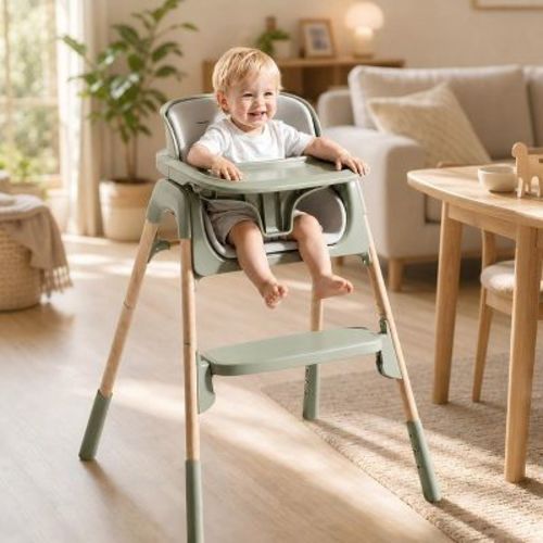 AmourLil 4-in-1 Convertible High Chair for Babies & Toddlers, Adjustable Height with Dishwasher-Safe Tray, Easy-Clean Design, Beige (Green)