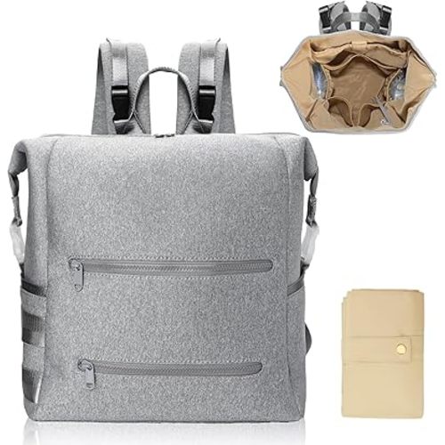 Diaper Bag Backpack,Large Neoprene Baby Bag for Boys Girls with 15 Diaper Bag Organizer,2 Insulated Pockets,Changing Pad,Stroller Straps,Gray