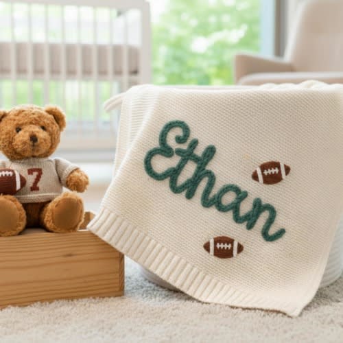 Personalized Football Baby Name Blanket, Hand-Embroidered Cotton Sports Team Blanket, Baby Ruffle Blanket, Game Day Gift, Football Fun Gift