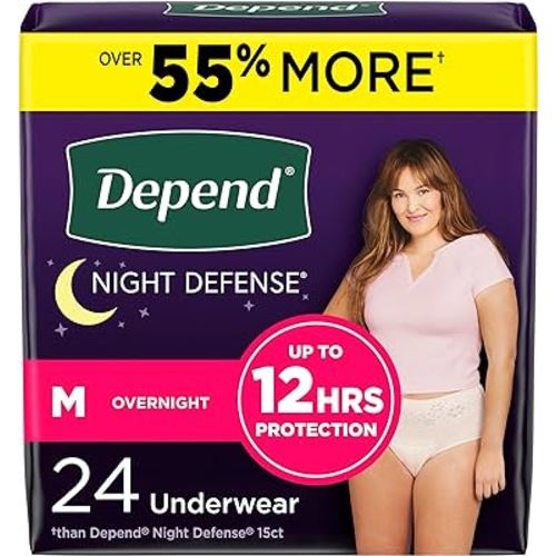 Depend Night Defense Adult Incontinence & Postpartum Bladder Leak Underwear for Women, Disposable, Overnight, Medium, Blush, 24 Count, Packaging May Vary