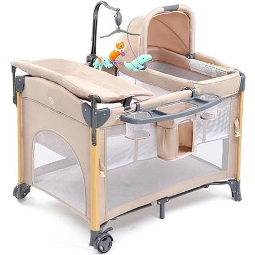 JOYMOR 7 in 1 Bedside Bassinet with Changing Table, All in One Nursery Center, Bedside Sleeper with Mattress, Sheet, Canopy, Storage Shelf and Hanging Toy (Beige)