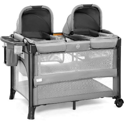 JOYMOR Twin Bassinet for Baby, Bedside Bassinet, Convertible to Bedside Sleeper and Playpen, with Wheel, Brake, Foldable Side Sleeper, Gray