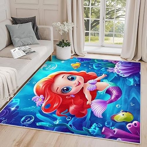 Mermaid Rugs for Bedroom - Mermaid Rug, 4x6 Rug, Underwater Cartoon Cute Ocean Princess Area Rug, Girls Kids Playroom Nursery Carpet, Washable Large Rugs, Mermaid Home Decor Gifts