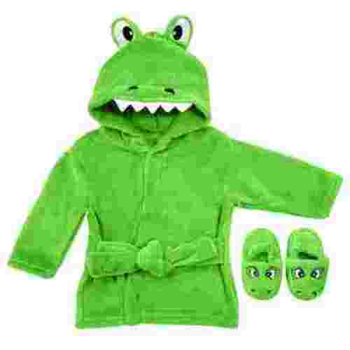 Baby Robe - Soft Plush Bath Towel Robe Spa Set - Baby Bathrobe Towel & Slippers for Boys + Turban for Girls Robe Set (Green Aligator, 0-9 Months)