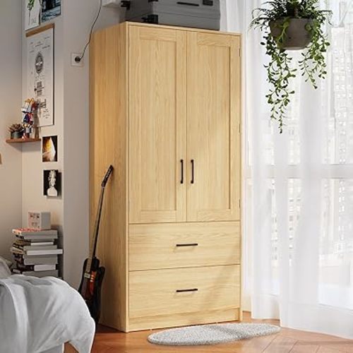 Wood Wardrobe Closet with 2 Doors,Bedroom Freestanding Armoire Storage Cabinet with Shelves,Wooden Wardrobe Combination for Hanging Clothes (2 Drawers, Wood Grain)