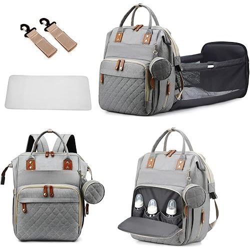 Baby Diaper Bag Backpack with Changing Station Travel Waterproof 3 in 1 Foldable Pad Unisex Grey