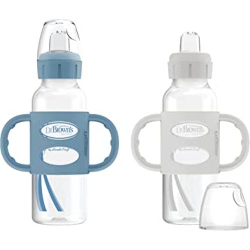 Dr. Brown's Milestones Narrow Sippy Bottle with 100% Silicone Handles, Easy-Grip Bottle with Soft Sippy Spout, 8oz/250mL, BPA Free, Light-Blue & Gray, 2 Pack, 6m+