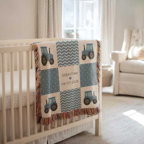 Personalized Blue Tractor Baby Blanket, Custom Farm Baby Quilt with Name and Birth Date, Country Boy Nursery Gift, Farmer Baby Throw