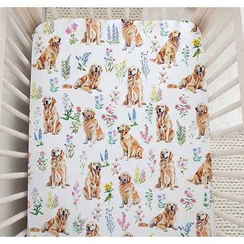 Baby Crib Sheets for Boys Girls Golden Retriever Flower Fitted Crib Sheet for Standard Crib and Toddler Mattress Baby Crib Sheets Neutral Crib Mattress Sheet Stretchy Baby Sheet 28''×52''