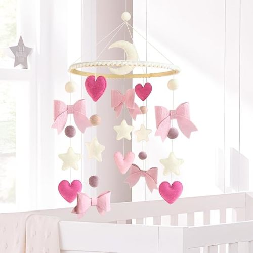 Baby Mobile for Crib Pink Bow Baby Crib Mobile for Girls Handmade Coquette Bow Nursery Decor for Infant Bedroom Hanging Pink Girls Room Decor for Bassinet Gender Reveal Newborn Gifts